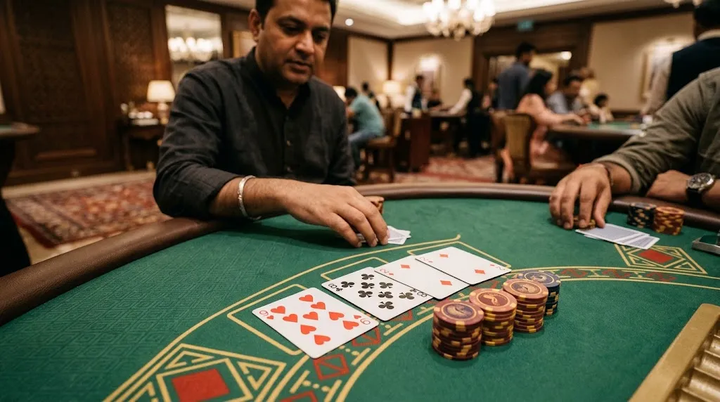 Teen Patti Casino 999 rules with three cards and a score of 9 on a casino table