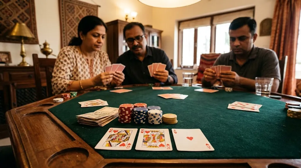 Teen Patti casino hand rankings with three-card hands on a card table