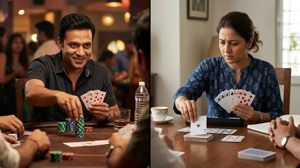 Teen Patti bluffing and Rummy strategic card arrangement comparison