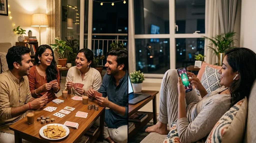 Social traditional Teen Patti compared with convenient online play