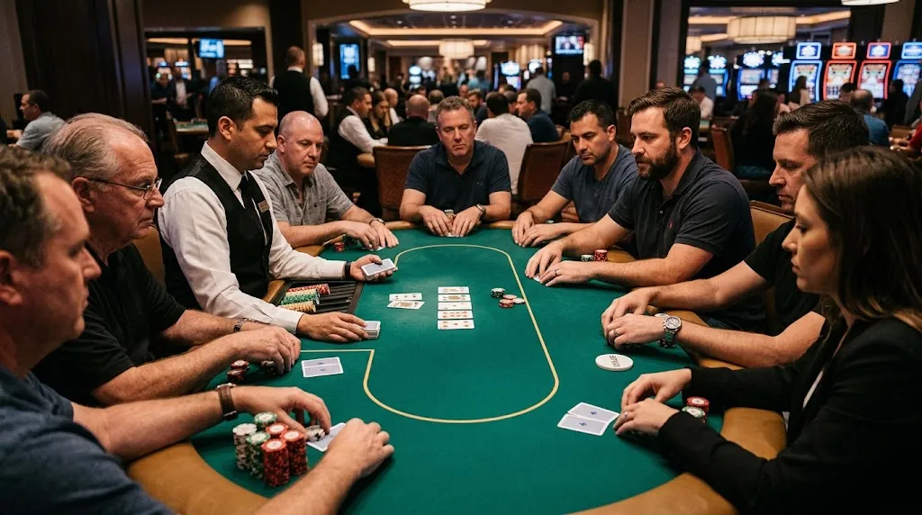 Texas Holdem Poker table with hole cards and community cards